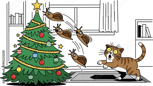 Cartoon slugs flying towards a startled cat next to a decorated Christmas tree