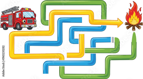 Cartoon fire truck navigating a colorful pipe maze to extinguish a campfire