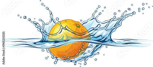 Juicy orange splashing into refreshing, clear water with droplets flying
