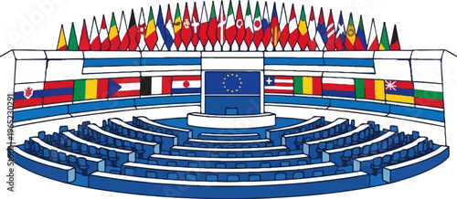 International flags displayed in a grand assembly hall with tiered seating