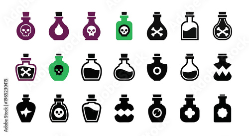 Collection of various potion bottles with different shapes and symbols for magical purposes.