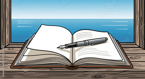 Open book and pen on wooden desk with ocean view