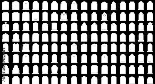 Collection of various tombstone silhouettes against a dark background, representing death and remembrance.