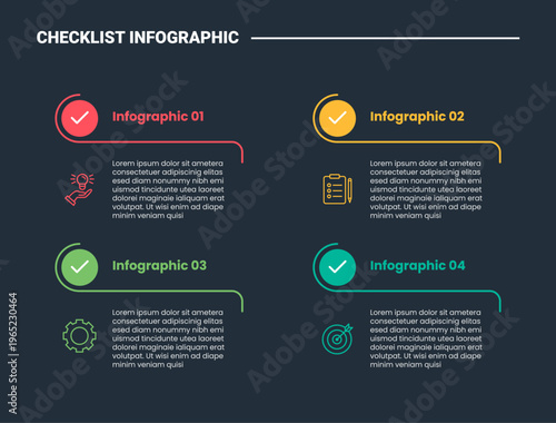 Checklist infographic process diagram with circle header with swirl line flow container with dark background bright outline style 4 points