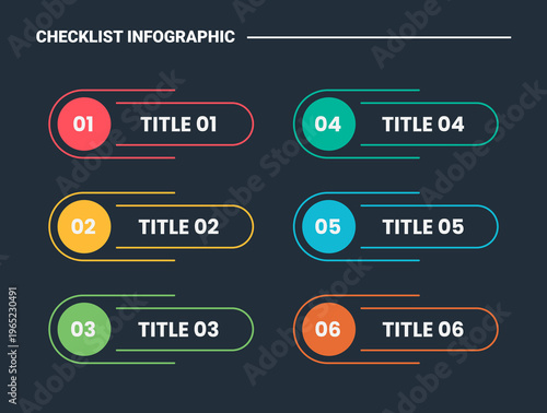 Checklist infographic process diagram with creative header badge collection with circle and line cut variation with dark background bright outline style 6 points