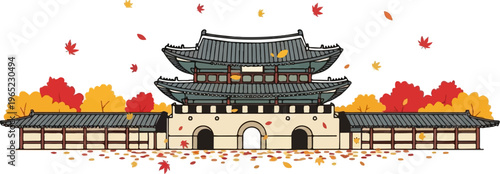 Ornate traditional building with arched entrances, surrounded by autumnal foliage and falling leaves