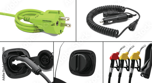 Electric vehicle charging plug and fuel pump nozzles energy supply equipment vector illustration