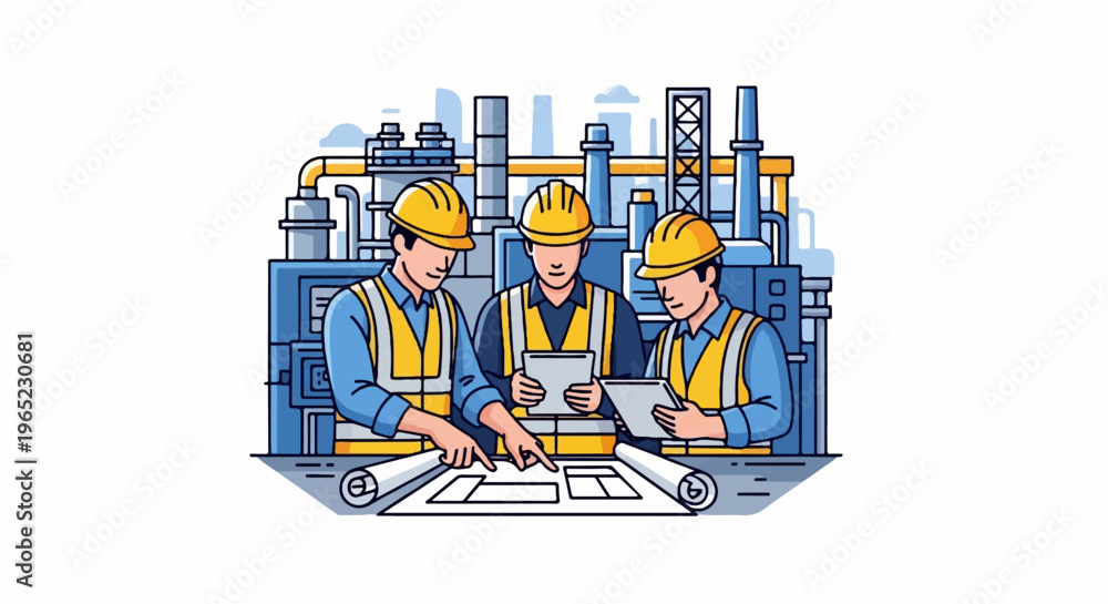 Fototapeta premium Engineers in yellow hard hats review blueprints and tablets at a factory