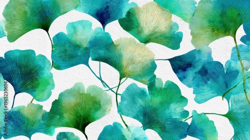 夏の青々とした銀杏の葉が環状に連なる水彩画風