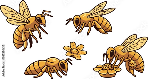 Four cartoon bees and two stylized yellow flowers on a white background
