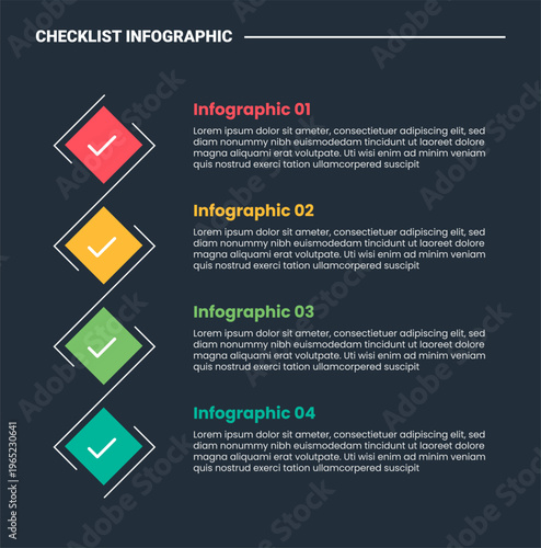 Checklist infographic process diagram with rhombus with line connection on vertical list with dark background bright outline style 4 points