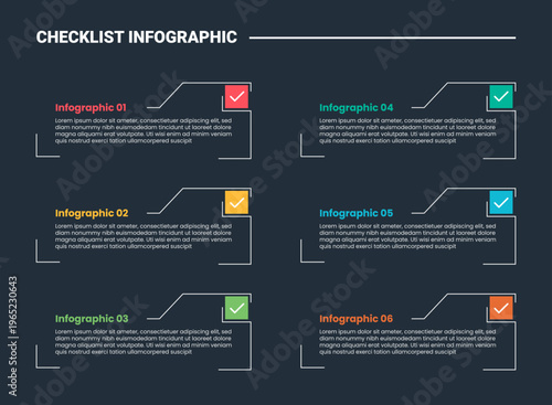 Checklist infographic process diagram with long folder outline box with cut open set with dark background bright outline style 6 points
