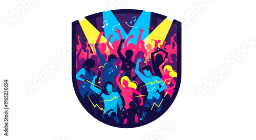 Energetic crowd dancing under colorful spotlights with musical notes floating