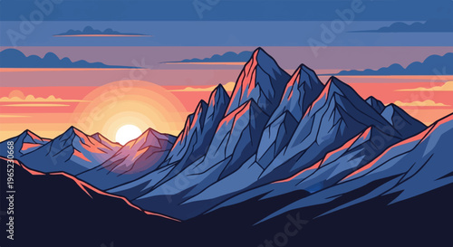 Pixel art sunset over jagged blue mountains with pink clouds