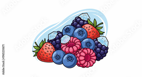 Fresh berries and ice crystals on a light blue background