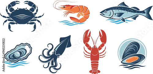 Collection of stylized seafood illustrations crab, shrimp, fish, oyster, squid, lobster, mussels