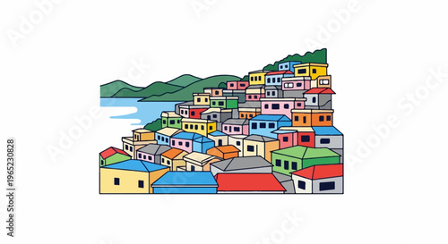 Colorful stacked houses descend a hill towards a calm bay under green mountains