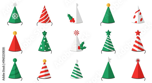 Festive collection of colorful party hats for holiday celebrations and events.