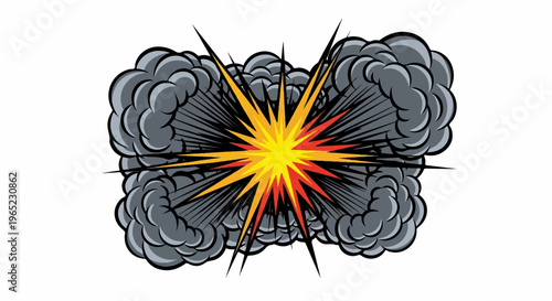 Comic style explosion with radiating lines and dark smoke plumes