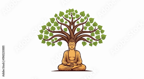 Golden Buddha meditates under a large leafy tree