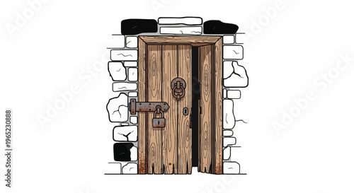 Rustic wooden door set in rough stone wall with iron lock