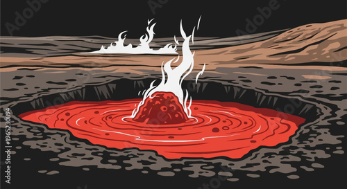 Fiery eruption from a boiling, red lava pool in a desolate, rocky landscape
