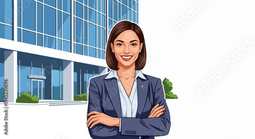 Confident businesswoman with crossed arms in front of a modern building