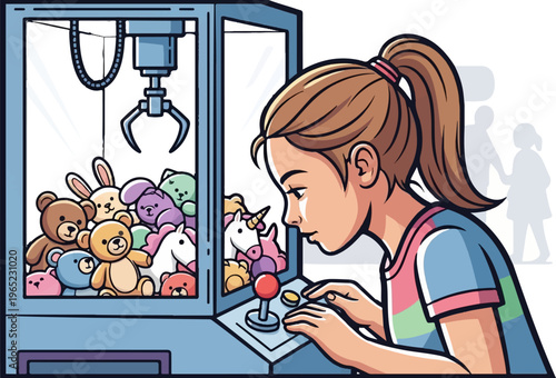 Focused girl playing a colorful stuffed animal claw machine with soft toys