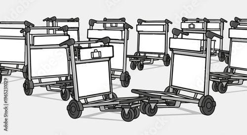 Several luggage carts are lined up on a light grey surface, casting shadows