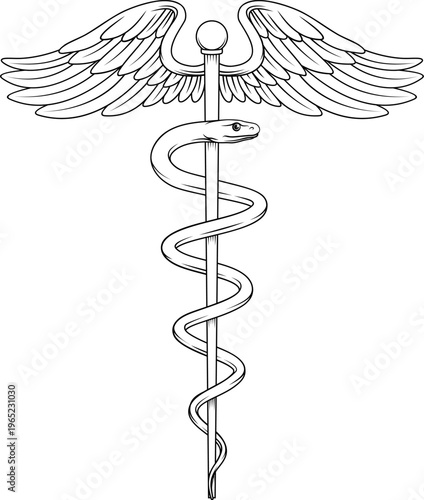 Rod of Asclepius or Aesculapius doctor medical symbol, often mislabelled as a caduceus. Features a snake curled around a staff. In this case also features wings.