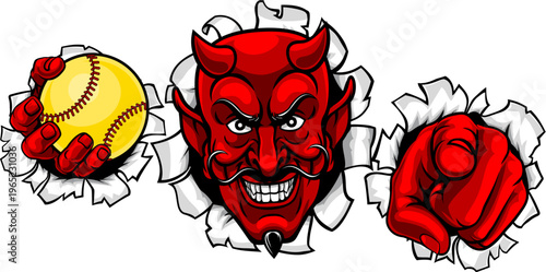 A devil man holding softball ball, breaking through the background and pointing sports team mascot illustration.