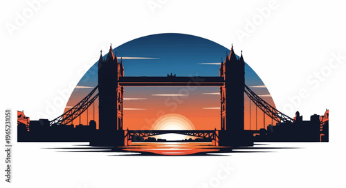 Silhouette of a famous bridge at sunset over water, with a city skyline