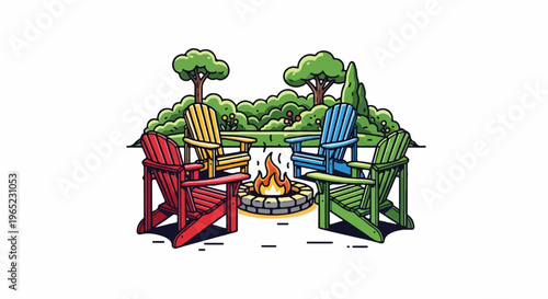 Four colorful Adirondack chairs arranged around a glowing fire pit