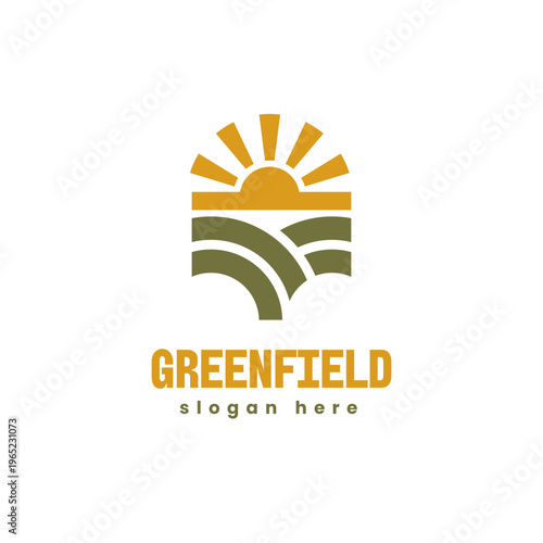 Minimalist Style Abstract Greenfield Landscape with Rising Sun Logo Design