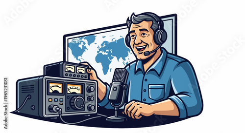 Man with headset and microphone at radio equipment with world map