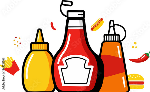 PrintAssortment of classic red ketchup, yellow mustard, and spicy orange sauce condiments displayed together for fast food preparation illustration purposes