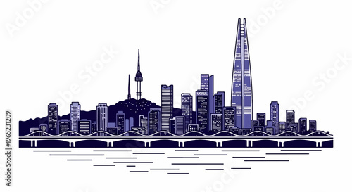Stylized cityscape with skyscrapers, a tall tower on a hill, and a bridge over a river