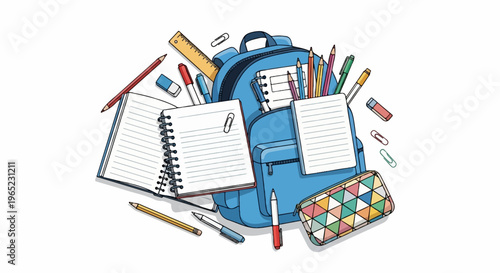 Open backpack filled with various school supplies, including notebooks, pens, pencils, and a ruler