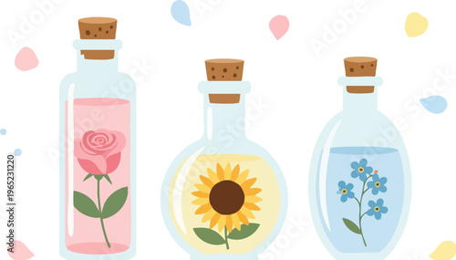 PrintA delightful collection of three charming glass bottles, each with a natural cork stopper, showcasing a unique vibrant flower to represent natural essence, aromatherapy, and botanical extracts fo