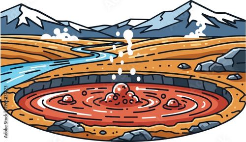 Geothermal hot spring with steaming mountains and a winding river nearby