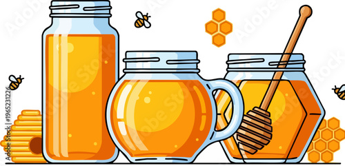 PrintIllustration showcasing three distinct jars filled with golden, viscous honey beside a wooden dipper and small bees buzzing around honeycomb structures.