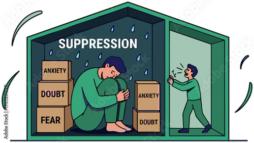 A person struggles with suppression of emotions like anxiety and fear in a confined space.