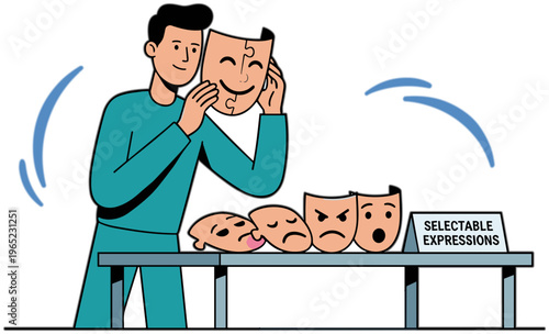Man holds various emotive masks at a table with Selectable Expressions sign.