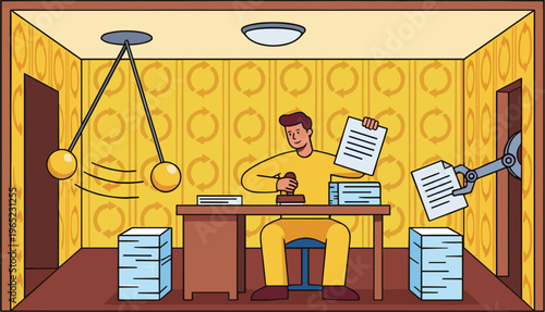 Man working at desk with papers flying around in office