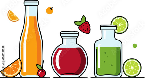 PrintA vibrant and refreshing collection of various fruit juices in bottles and jars, featuring zesty orange, sweet strawberry, and tart lime flavors, perfect for healthy drinks or summer refreshments