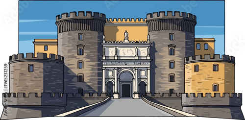 Stylized illustration of a grand fortified structure with towers and archway