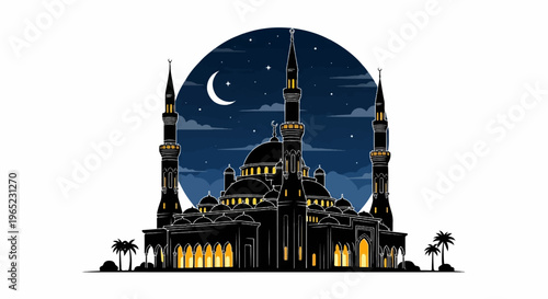 Stylized mosque with minarets and dome under a crescent moon