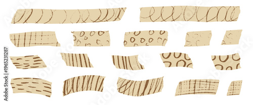 Beige washi tape collection. Decorative paper strips, sticky masking elements with scribbles crayon texture. Vintage scrapbook stickers for creative craft projects and journal decoration. Vector set.