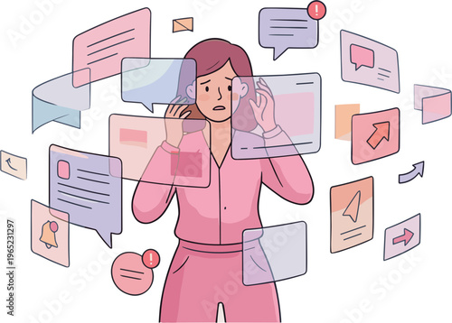 A woman overwhelmed by numerous digital messages and emails surrounds her.