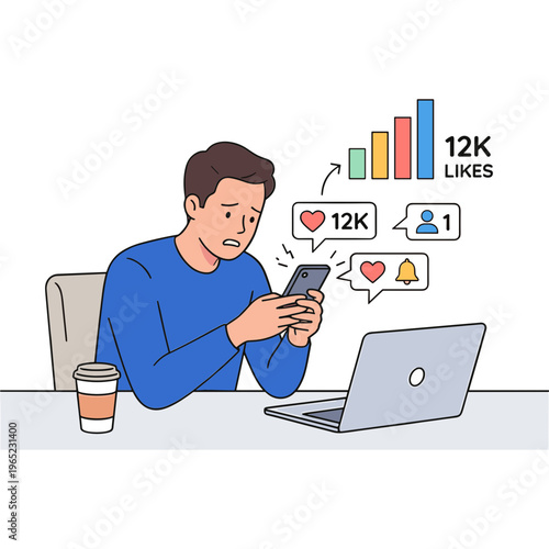 Man sitting at desk uses smartphone and laptop with social media likes and comments
